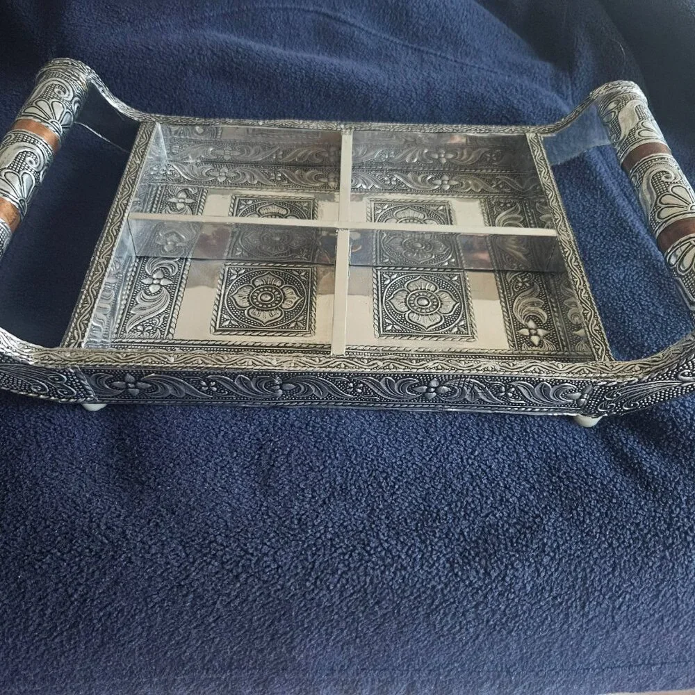 Handmade Wooden Serving Tray with silver work art handcrafted